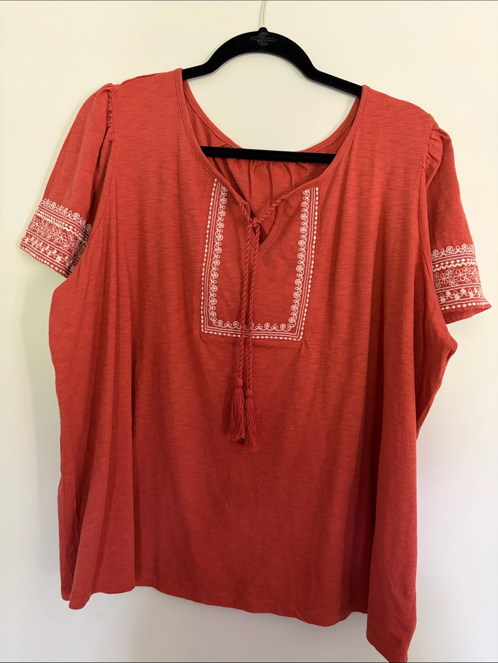 Source Unknown Coral Red Embroidered Tie-Front Tunic